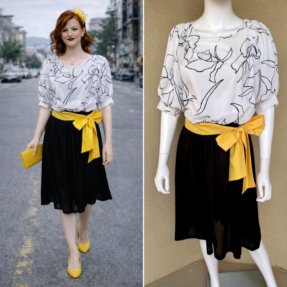 Vintage 80s Graphic Floral & Canary Sash Dress